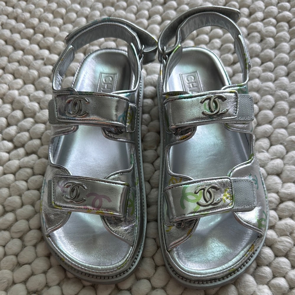 CHANEL Silver Sandals with Iconic CC Logo